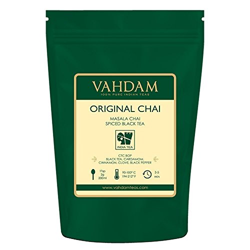 VAHDAM, Hojas de Té Chai Masala de la India (100 Tazas) | INGREDIENTES 100% NATURALES: Té Negro, Canela, Cardamomo, Clavo, Pimienta Negra | Sirve de TÉ FRÍO o Infusión de Chai Latte Caliente | 200g