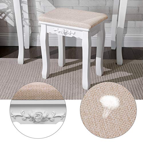 VASAGLE Tocador moderno, Mesa de Maquillaje en MDF y Pino, con Espejo sin Marco, con Caja Móvil, Taburete de Madera de Goma, 5 Cajones, para Dormitorio, Vestidor, Blanco RDT25WT