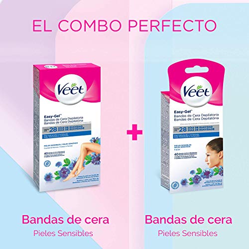 Veet Bandas de Cera Fria Depilatoria para Depilación de Cuerpo y Piernas con Aceite de Almendras, Easy Gelwax, Pieles Sensibles, 20 Bandas, Estándar