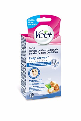 Veet Facial, Bandas de cera Depilatoria Easy Gelwax para Pieles Sensibles, 20 bandas