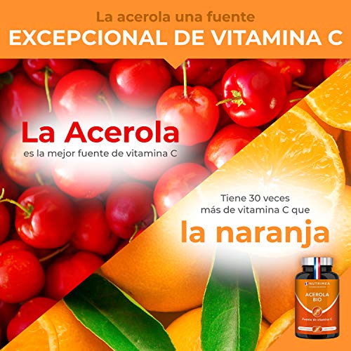 Vitamina C 1000 mg Acerola Orgánica Natural | Resfriados Gripes Refuerza Defensas Antioxidante Reduce Fatiga Forma Colágeno | Para Veganos Sin Gluten Sin Lactosa Sin Alérgenos Fabricado en Francia