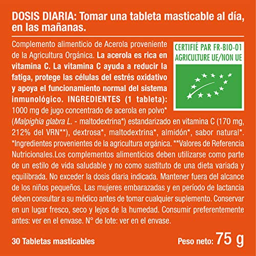 Vitamina C 1000 mg Acerola Orgánica Natural | Resfriados Gripes Refuerza Defensas Antioxidante Reduce Fatiga Forma Colágeno | Para Veganos Sin Gluten Sin Lactosa Sin Alérgenos Fabricado en Francia