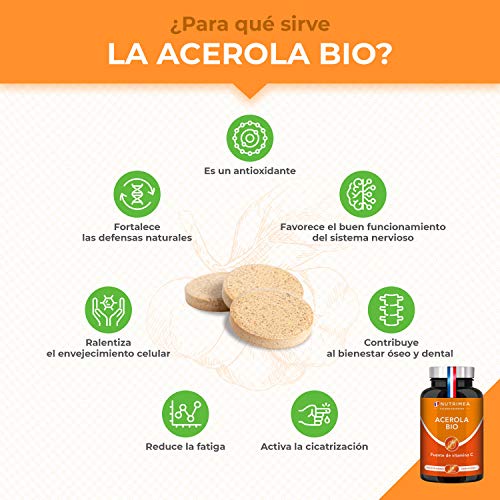 Vitamina C 1000 mg Acerola Orgánica Natural | Resfriados Gripes Refuerza Defensas Antioxidante Reduce Fatiga Forma Colágeno | Para Veganos Sin Gluten Sin Lactosa Sin Alérgenos Fabricado en Francia