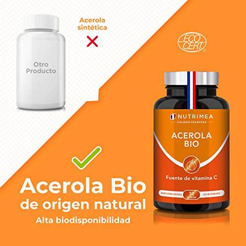 Vitamina C 1000 mg Acerola Orgánica Natural | Resfriados Gripes Refuerza Defensas Antioxidante Reduce Fatiga Forma Colágeno | Para Veganos Sin Gluten Sin Lactosa Sin Alérgenos Fabricado en Francia