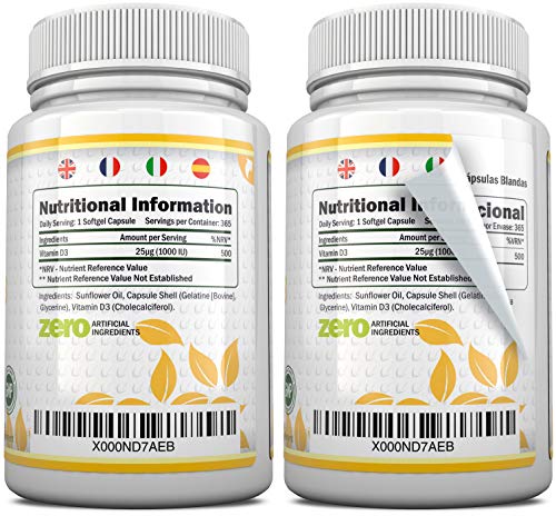 Vitamina D3 365 Cápsulas Blandas (Suministro para Todo el Año) Suplemento de Vitamina D3 de 1000 UI, Colecalciferol de Alta Absorción por Nu U Nutrition