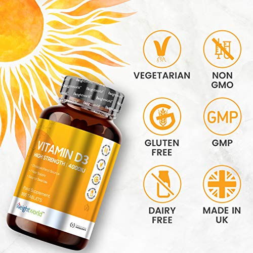 Vitamina D3 4000 UI Dosis Alta - 365 Días de Suministro, Estimula el Sistema Inmunológico, Incrementa la absorción de Calcio, Mejora la Salud de la Piel, Huesos y Articulaciones, 365 Comprimidos