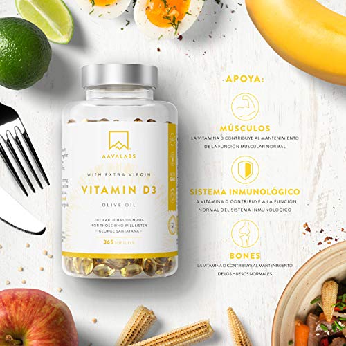 Vitamina D3 [5000 UI] Pura Altamente Concentrada - Vit D3 con Aceite de Oliva Extra Virgen para una Absorción Óptima - Favorece la Función Ósea e Inmunológica - Complemento Alimenticio de 365 Cápsulas