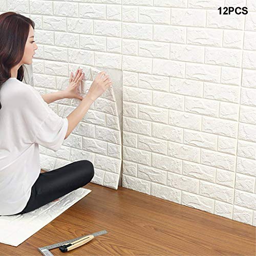 WANWEITONG 3D Papel Tapiz de Ladrillo, Auto Adhesivo Pegatinas de Pared de Ladrillo de Imitación, DIY Wall Stickers Moderno Decorativo para Hogar Cocina Salón Moderna TV Decor (12 Piezas, Blanco)