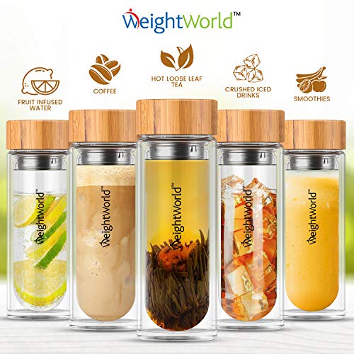 WeightWorld Botella Termo para Infusiones de Té con Filtro de Agua | 500ml de Té | Doble Capa de Vidrio con Tapa de Bambú | Diseño Hermético Portátil Sin BPA | para su Dieta Detox Adelgazante