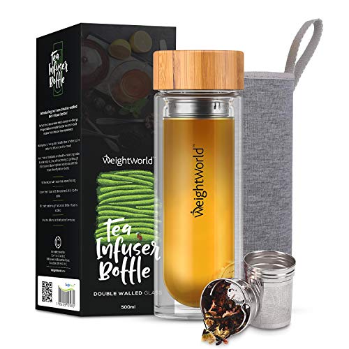 WeightWorld Botella Termo para Infusiones de Té con Filtro de Agua | 500ml de Té | Doble Capa de Vidrio con Tapa de Bambú | Diseño Hermético Portátil Sin BPA | para su Dieta Detox Adelgazante