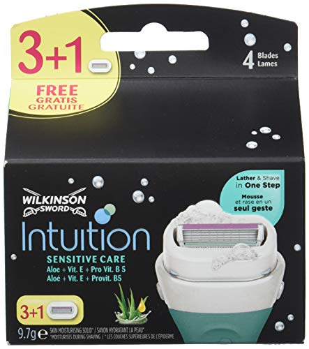 Wilkinson Sword Intuition Sensitive - Pack de 3 + 1 Recambios de Cuchillas Autoadaptables de 4 Hojas para Mujer , Kit de Depilación Femenina