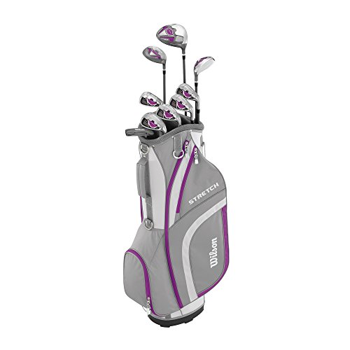 Wilson, Set completo para principiantes, 9 palos de golf con carro, Mujer (mano derecha) Stretch XL, Blanco/Gris/Violeta, WGG157554