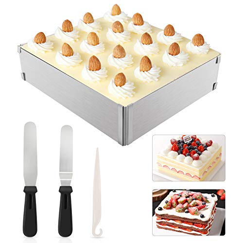 WisFox Molde para mousse ajustable de acero inoxidable, rectangular, marco de mousse, molde para tartas, set de 2 espátulas de glaseado y 1 cuchillo