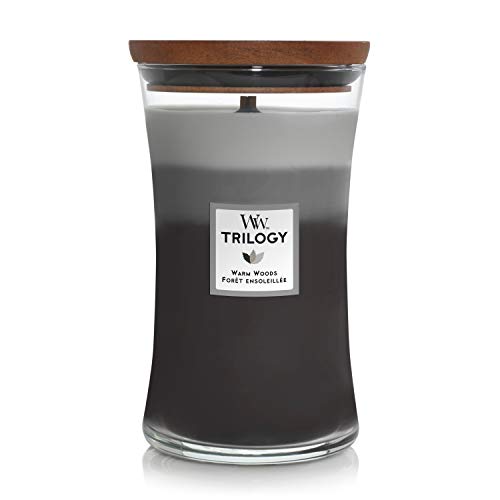 WoodWick Trilogy vela perfumada grande en forma de reloj de arena con Pluswick Innovation, Maderas cálidas