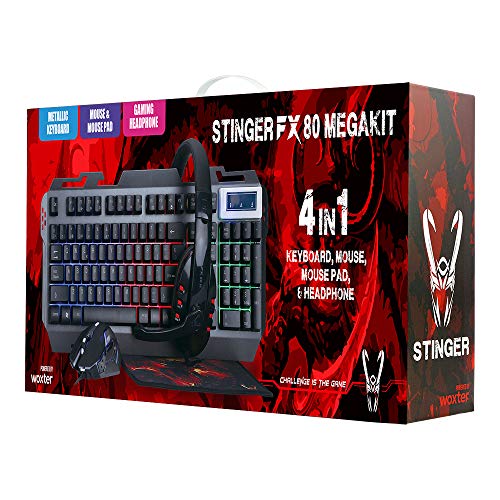 Woxter Stinger FX 80 Megakit - Kit Gaming (Teclado retroiluminado de Base metálica, ratón óptico hasta 3200 dpi, Alfombrilla de Microfibra 25x21 y Auriculares 2.0 con micrófono)