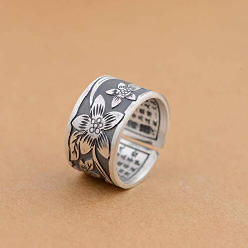 WOZUIMEI Anillo de Estilo Chino de Joyería de Plata Pura S999 Mate Antiguo Anillo de Plata Tailandés Flor Femenina Flor Rica Anillo de Escrituraanillo