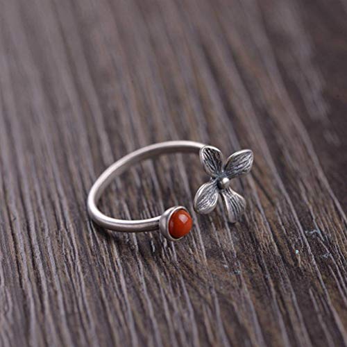 WOZUIMEI Anillo de Estilo Chino Joyería S925 Anillo de Plata Esterlina Artesanía Vintage Joyería de Plata Tailandesa Moda Femenina Ágata Roja Del Sur Jasper Anillo de Flor PequeñaÁgata roja del sur