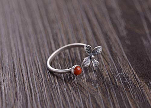 WOZUIMEI Anillo de Estilo Chino Joyería S925 Anillo de Plata Esterlina Artesanía Vintage Joyería de Plata Tailandesa Moda Femenina Ágata Roja Del Sur Jasper Anillo de Flor PequeñaÁgata roja del sur