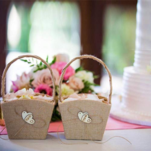 XYJIE 2PCS Arpillera Doble Corazón Boda para niña de flores cesta con Bowknot para ceremonia de boda rústica vintage