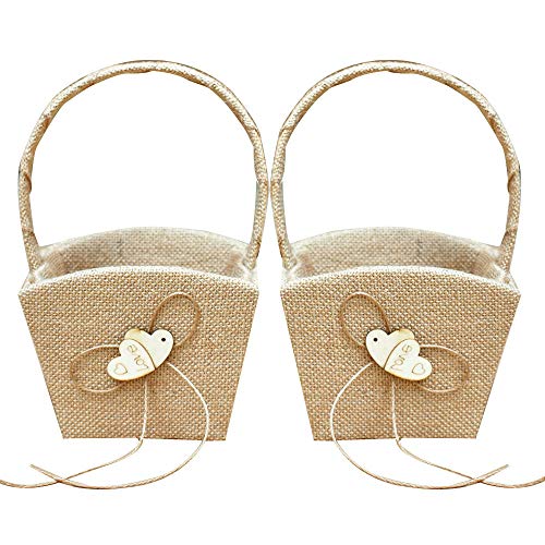 XYJIE 2PCS Arpillera Doble Corazón Boda para niña de flores cesta con Bowknot para ceremonia de boda rústica vintage