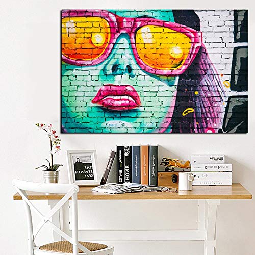 YJFFBH Lienzo De Pintura Cara De Mujer con Graffitis Y Gafas De Sol con Estampado HD Y Pintura Al Óleo sobre Lienzo Walle para Sala De Estar