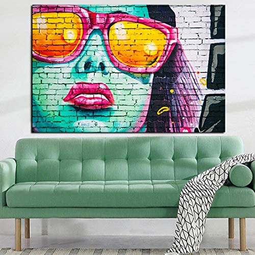 YJFFBH Lienzo De Pintura Cara De Mujer con Graffitis Y Gafas De Sol con Estampado HD Y Pintura Al Óleo sobre Lienzo Walle para Sala De Estar