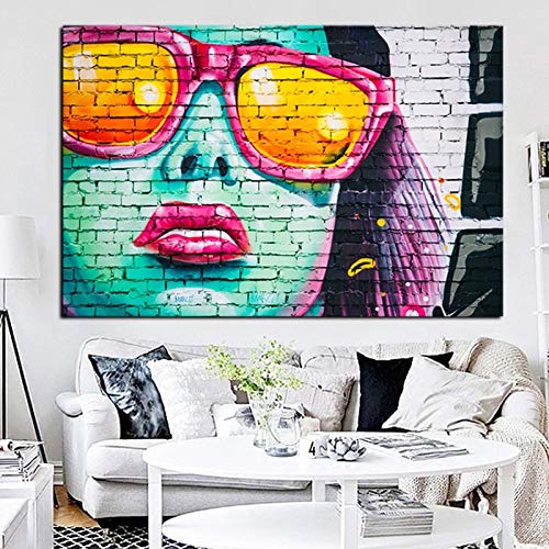 YJFFBH Lienzo De Pintura Cara De Mujer con Graffitis Y Gafas De Sol con Estampado HD Y Pintura Al Óleo sobre Lienzo Walle para Sala De Estar