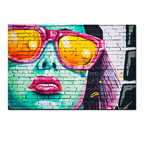 YJFFBH Lienzo De Pintura Cara De Mujer con Graffitis Y Gafas De Sol con Estampado HD Y Pintura Al Óleo sobre Lienzo Walle para Sala De Estar