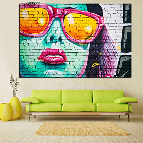 YJFFBH Lienzo De Pintura Cara De Mujer con Graffitis Y Gafas De Sol con Estampado HD Y Pintura Al Óleo sobre Lienzo Walle para Sala De Estar