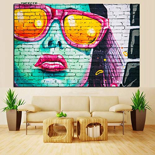 YJFFBH Lienzo De Pintura Cara De Mujer con Graffitis Y Gafas De Sol con Estampado HD Y Pintura Al Óleo sobre Lienzo Walle para Sala De Estar