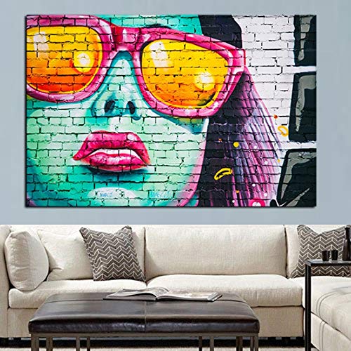 YJFFBH Lienzo De Pintura Cara De Mujer con Graffitis Y Gafas De Sol con Estampado HD Y Pintura Al Óleo sobre Lienzo Walle para Sala De Estar