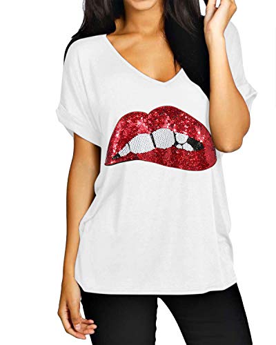 ZANZEA Camisetas Mujer Manga Corta Verano Holgada Labios Estampados Top Tallas Grandes Cuello V Casual Blusa Suelta T Shirt 09-Blanco XXL