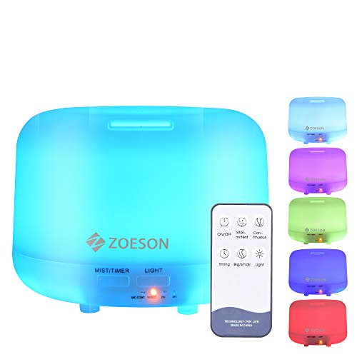 ZOESON Humidificador Ultrasónico, Difusores Humidificadores Aromas de 300ml, Difusor de Aceites Esenciales con Control Remoto, 7 Color LED, 3 Temporizador Hogar, Humificador Oficina