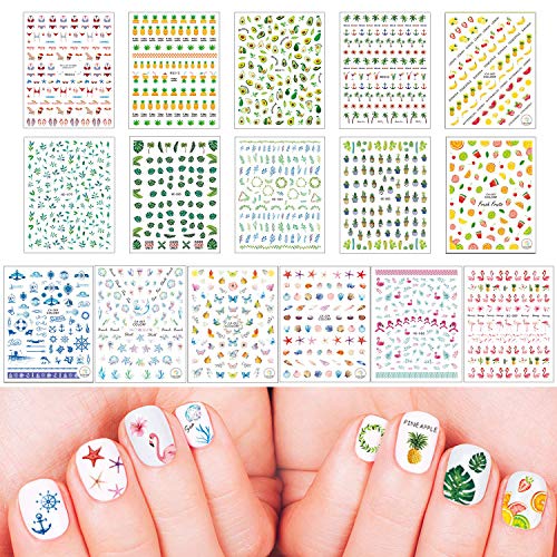 16 hojas Verano pegatinas para uñas Nail Art Stickers Plantilla Uñas Flor Frutal Hoja Estrella Hoja verde fruta océano Calcomanías Arte de Uñas Pegatinas