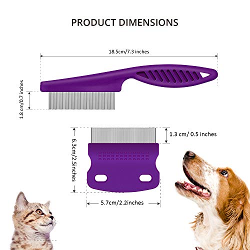 2 Piezas Peine Removedor Mancha Lágrima Pulgas Herramienta Aseo Mascata Perros Gatos Peine Extracción Dientes Metal Seguro Acero Inoxidable, Limpiar Piojos/ Enredos/ Nudos/ Corteza/ Suciedad(Púrpura)