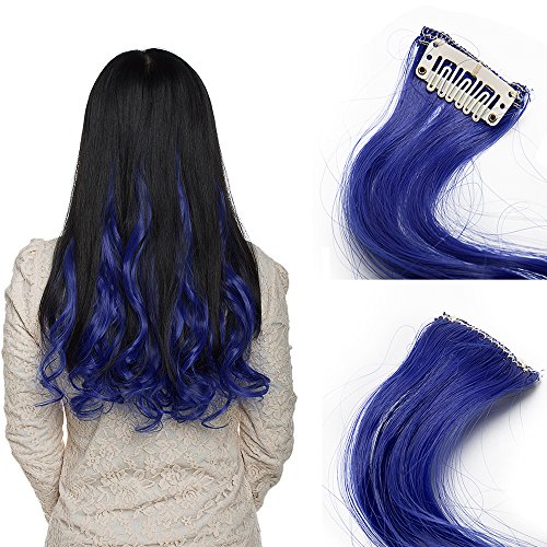 22"(55cm) Extensiones de Cabello Clip Mechas de Colores Fantasía 10 Tiras/Set Pelo Sintético Natural para Niñas Muñecas Postizos Pelucas Accesorios Rizado (100g,Azul Oscuro)