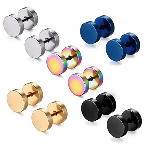 5 Pares 8MM Acero Inoxidable Pendientes Hombre Mujer Unisex Redondos Helix Piercing Oreja Barbell, Color Negro Plata Vistoso Oro Azul (con bolsa de regalo)