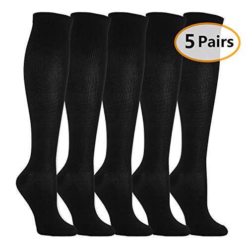 5 Pares Calcetines/Medias de Compresión para Hombres y Mujeres, Running, Deporte, Correr, Senderismo, Volar, Viajar, Varicosas, Embarazo y Médicos (EU 43-46, 5x Negro)