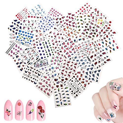 50 Piezas Pegatinas de Uñas, Mwoot Nail Art Stickers, Multicolor Decoración de Uñas Pegatinas Transferencia Agua Mariposas Plumas Flores Cordón