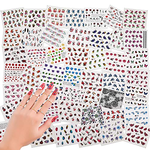 50 Piezas Pegatinas de Uñas, Mwoot Nail Art Stickers, Multicolor Decoración de Uñas Pegatinas Transferencia Agua Mariposas Plumas Flores Cordón