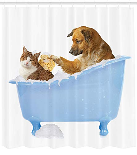 ABAKUHAUS Gato Cortina de Baño, Perro y Gato Juntos en la Tina con Burbujas Tomando un Baño Shampoo Estampa Divertida, Material Resistente al Agua Durable Estampa Digital, 175 x 200 cm, Multicolor