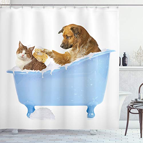 ABAKUHAUS Gato Cortina de Baño, Perro y Gato Juntos en la Tina con Burbujas Tomando un Baño Shampoo Estampa Divertida, Material Resistente al Agua Durable Estampa Digital, 175 x 200 cm, Multicolor