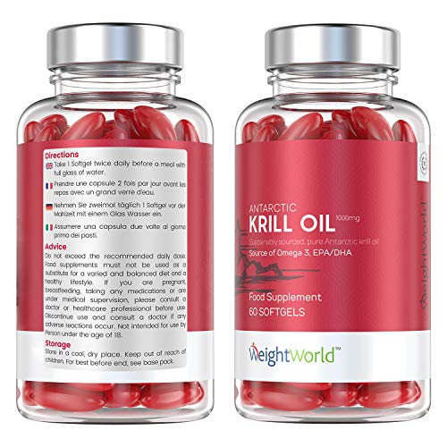 Aceite de Krill 1000 mg | Ácidos Grasos Omega 3, EPA y DHA, Apoya Salud Articulaciones, Cerebro y Piel | Concentración y Memoria Potente Antioxidante Con Astaxantina Natural, 60 Cápsulas