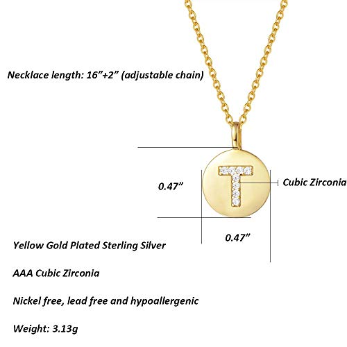 AGVANA Collar con Letra T de Oro Plata de Ley 925 Colgante Pequeño Redondo con Colgante Chapado en Oro Amarillo Collar Inicial para Mujeres Chicas con Caja de Regalo de Joyería Longitud: 40+5 cm