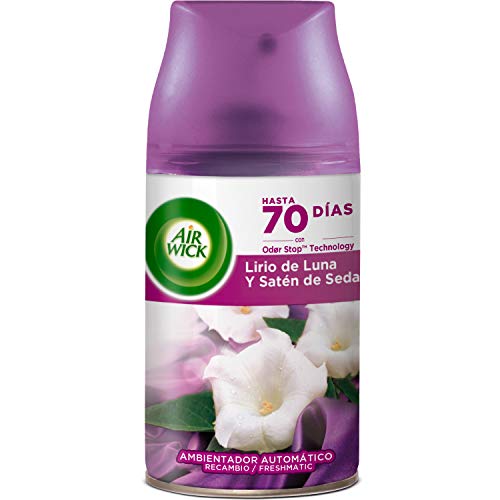 Air Wick Freshmatic - Recambios de ambientador spray automático, esencia para casa con aroma a Lirio de Luna y Satén de Seda - pack de 6