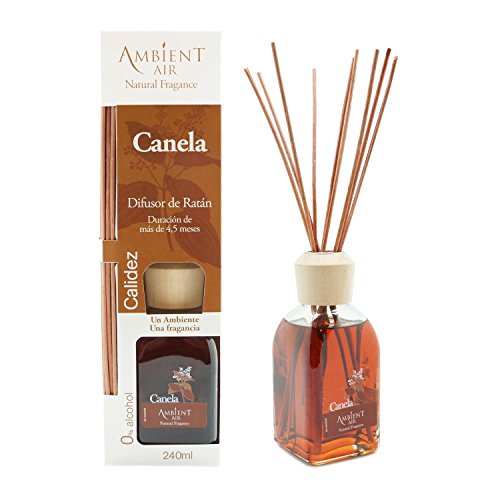 Ambientair Classic. Difusor de varillas perfumadas. Ambientador Mikado Canela. Difusor 240 ml con palitos de ratán. Ambientador sin alcohol para casa.