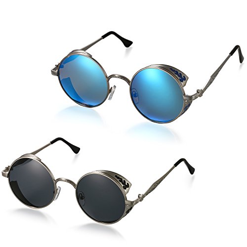 Aroncent Gafa de Sol Polarizada contra UV400 Punk Rock Sunglasses Lente Redonda Protección de Ojos para Golf, Conducción, Viaje, Playa y Actividades Exteriores para Hombre Mujer ? 2PCS