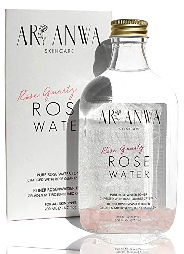 Auténtico spray de agua de rosas con cristales de cuarzo rosa – ARI ANWA Skincare – 100% puro & natural en botella de cristal – contra impurezas de piel, contra grúas, poros grandes y ojeras