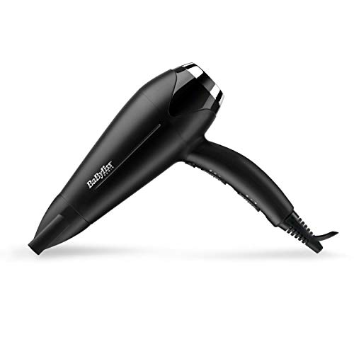 BaByliss D572DE Secador de pelo iónico con motor DC 2200W de potencia, 2 velocidades y 2 temperaturas más botón de aire frío, incluye boquilla estrecha y difusor, peso ligero 409 g, negro