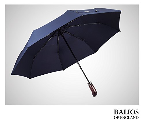 Balios Bailos_umb_paraguas de viaje Prestige negro y goma, mango de madera real, apertura y cierre automático, toldo doble ventilado, color azul marino oscuro con mango de madera real